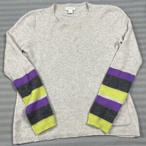 Deane & White Sweater Womens Large Oatmeal Cashmere Crewneck Stripe Sleeve Knit